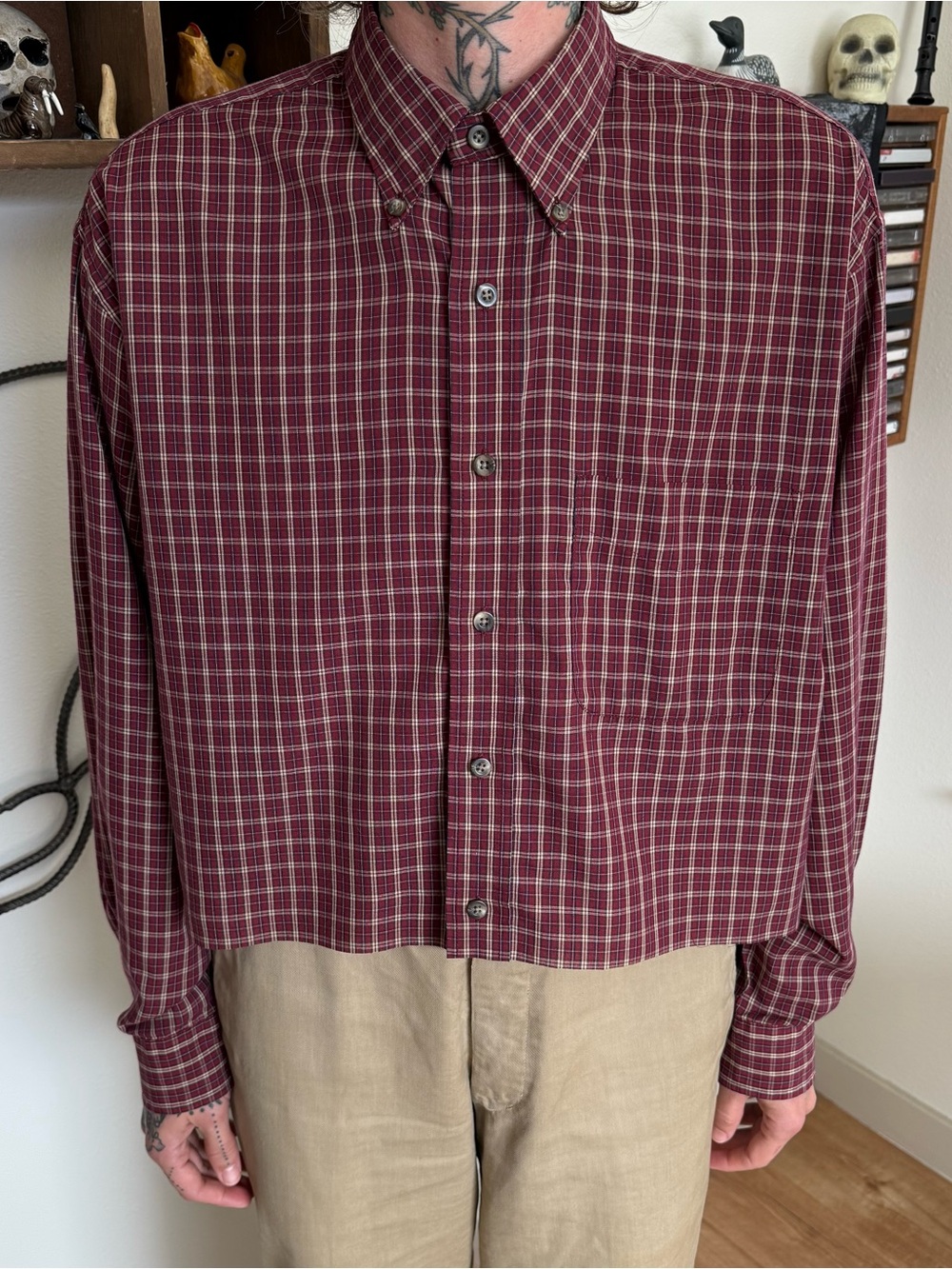 Vintage 90s Y2K Cropped Plaid LS Button Down Shirt ~ Size Medium